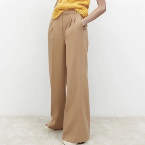 Zara pleated wide leg trouser pant tan - Picture 7 of 9